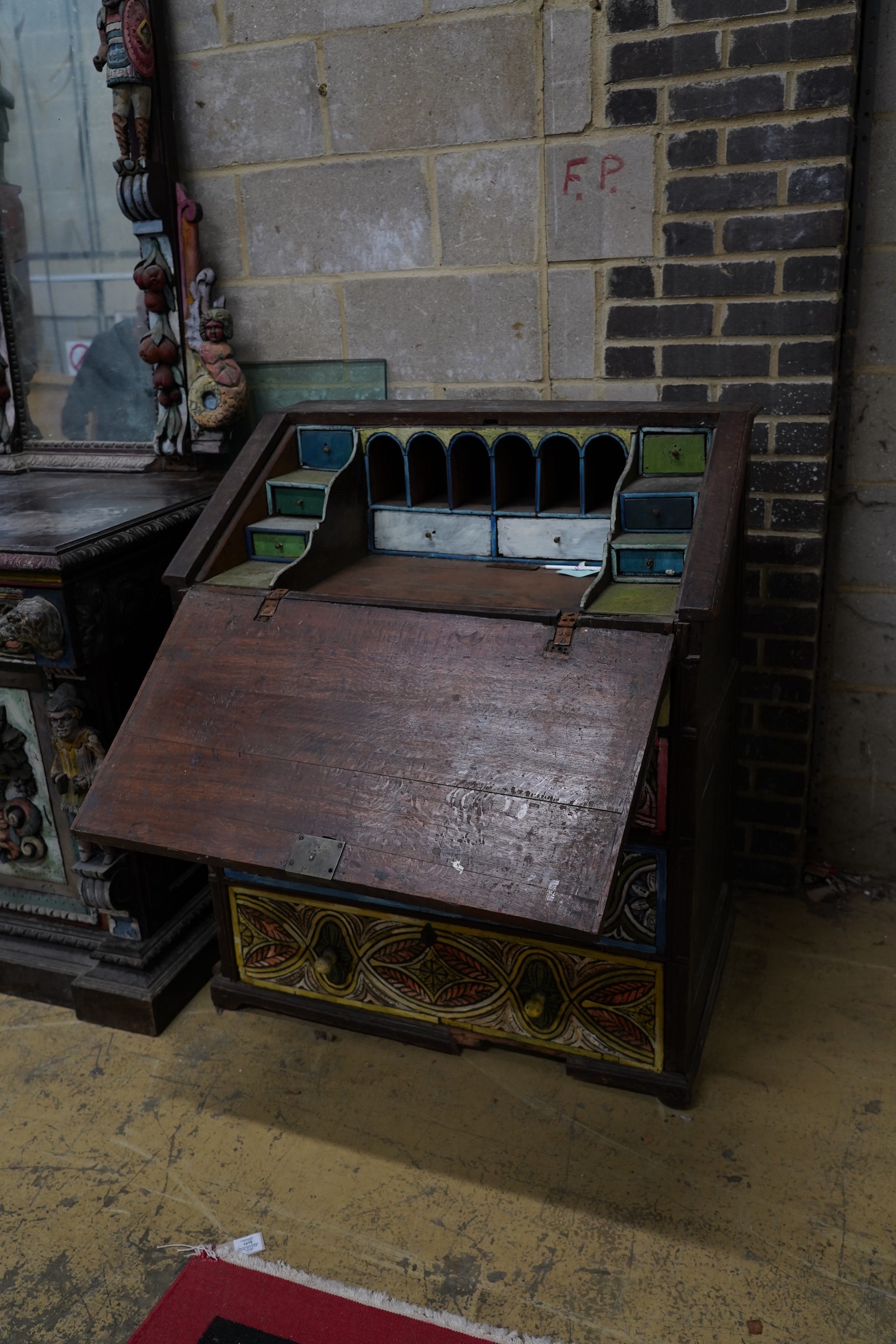 John Bratby (1928-1992): An oak bureau, polychrome decorated by the artist